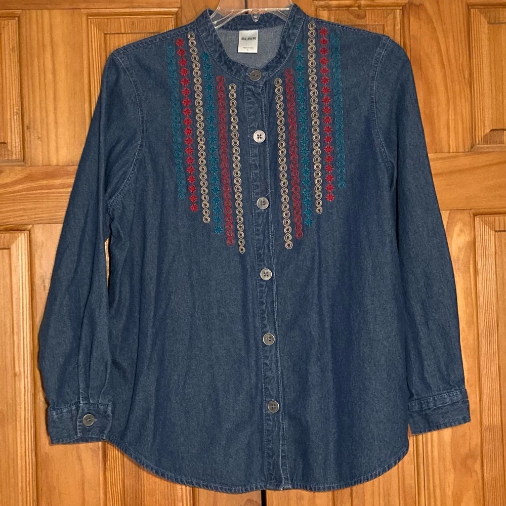 NWOT Blair Vintage 90s Blouse Denim Embroidered Top Long Sleeve Blue L Large